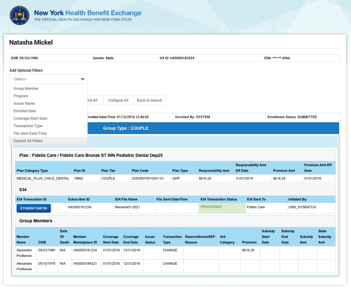 screenshot of the Back Office software with expanded filters